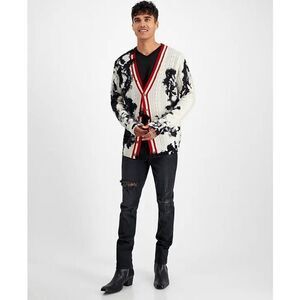 INC International Concepts Men's Cashmere Dye-Splattered Cardigan - White XL